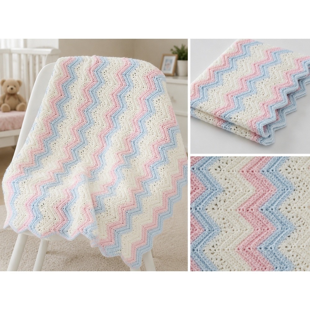 Handmade Crochet‎ Baby Blanket 46"x27"  Chevron Knit Newborn Nursery Vintage